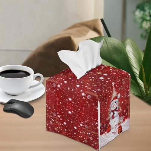 Doginthehole Xmas Snowman Tissue Box Cover - Cute Christmas Home Decor, Square PU Leather Dispenser with Belt Bottom
