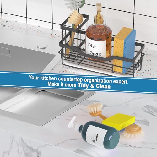 Rustproof Kitchen Sink Sponge Holder with Drain Tray & Brush Holder