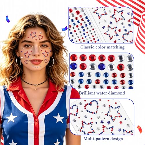 Doneace 4th of July Star Face Gems - Patriotic Self-Adhesive Rhinestones for Face, Body, and Hair (4-Pack)