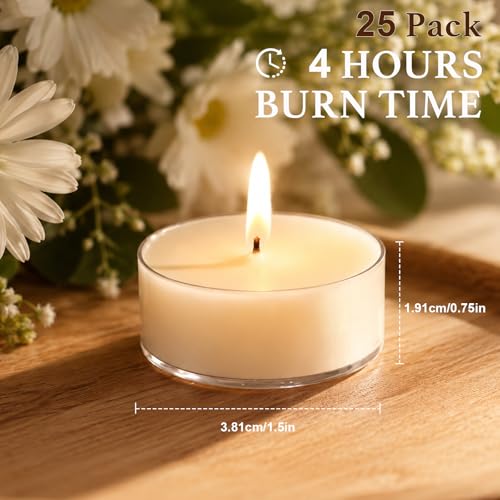 DILILILI 25 Pack Soy Wax Tea Light Candles, 4-Hour Unscented Votive Candles