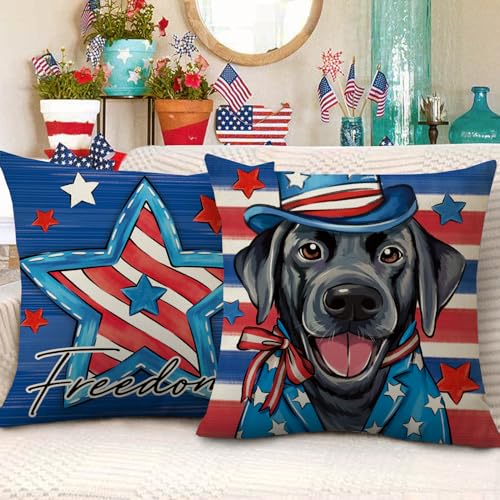 Patriotic Dog Throw Pillow Covers, 18x18 Set of 4, America Labrador Prints