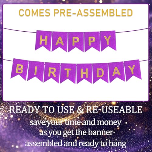 Purple Happy Birthday Banner - 16ft Pre-Strung Glitter Decoration