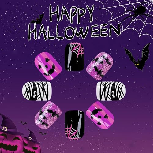 Halloween Press on Nails Short Square Glossy Fake Nails with Mummy Bat Designs