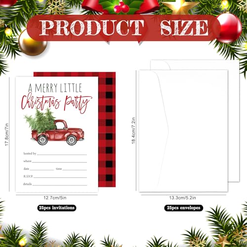 Christmas Invitation Cards Watercolor Red Truck Set with Envelopes