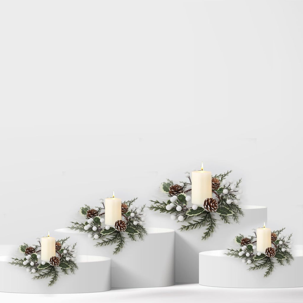 Regine Switzerland Christmas Greenery Candle Rings - 12 Pack with White Berries & Pine Cones | Festive Table Decor