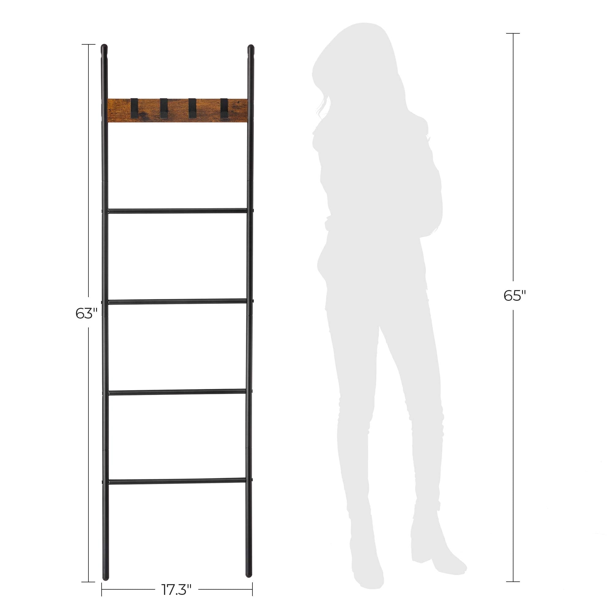 VASAGLE Blanket Ladder, 5-Tier Ladder Shelf, Decorative Ladder with 4 Removable Hooks, Metal Frame, Industrial Style, Rustic Brown and Black ULLS016B01