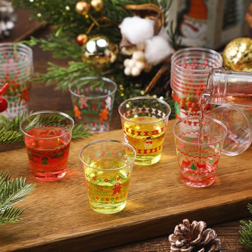24 Pcs Christmas Shot Glasses Set - Disposable Plastic Cups with Holiday Designs