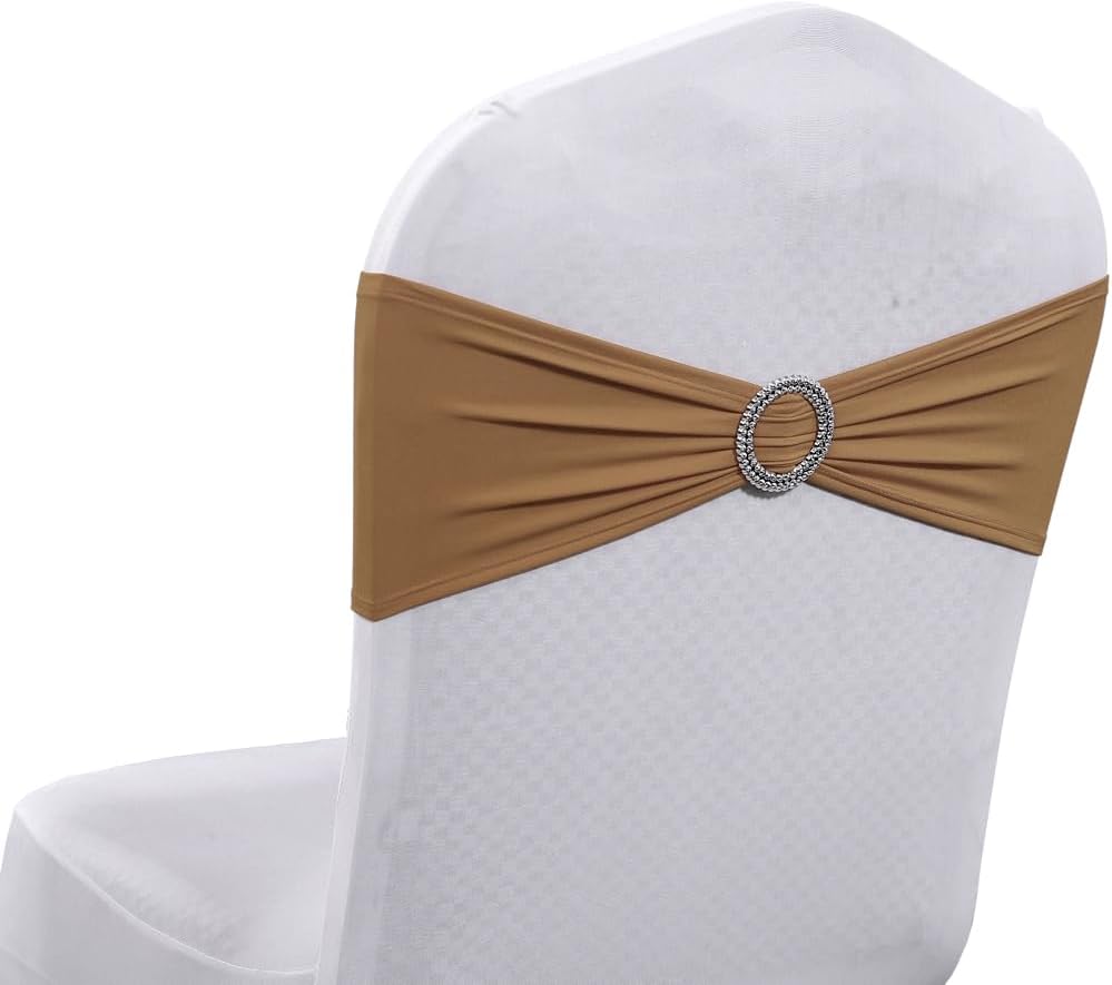 MDS Spandex Chair Sashes - Universal Fit Elastic Stretch Bands with Buckle Slider Bow | Pack of 150 - Mocha
