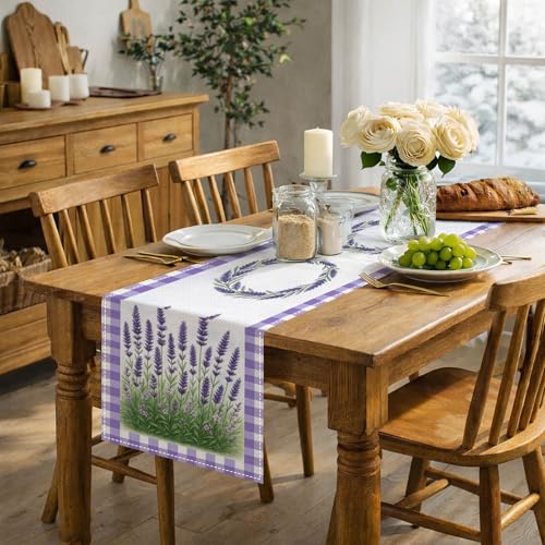 HOMETITUTE Lavender Table Runner 13x72 Inch Floral Burlap Farmhouse Decor