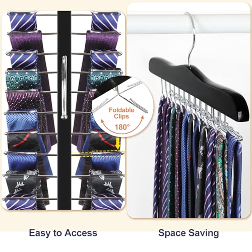 Black Wooden Tie Rack Organizer with 24 Folding Hooks - Space Saving Closet Storage