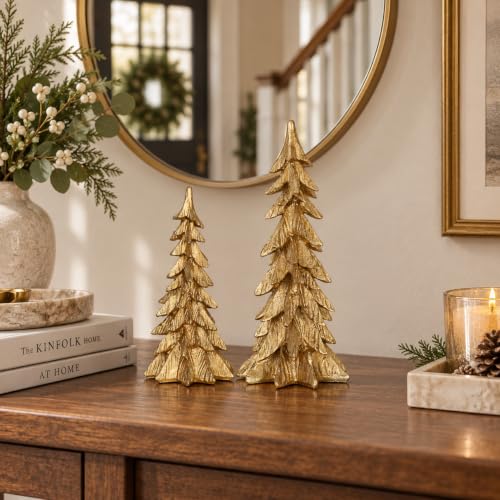 Golden Resin Christmas Trees Set of 2 Indoor Holiday Decor