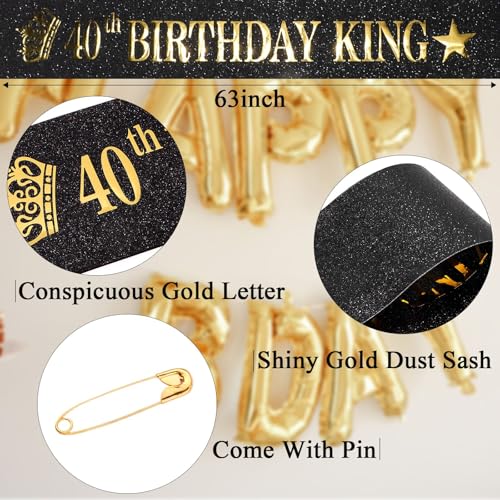 40th Birthday Sash for Men - Black Glitter King Sash with Gold Foil