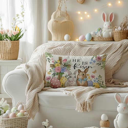 Easter Pillow Cover 12x20 Inch with Cross Bunny Eggs Design