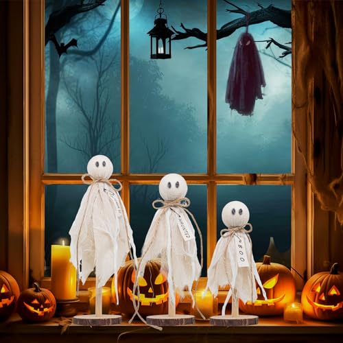 White Wooden Ghost Halloween Decorations - Set of 3 Rustic Shelf Sitters
