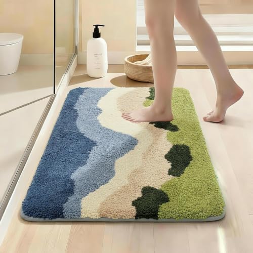 LICOZYVE Blue Beach Microfiber Bath Mat, 1'4" x 1'11" Absorbent Non-Slip Rug