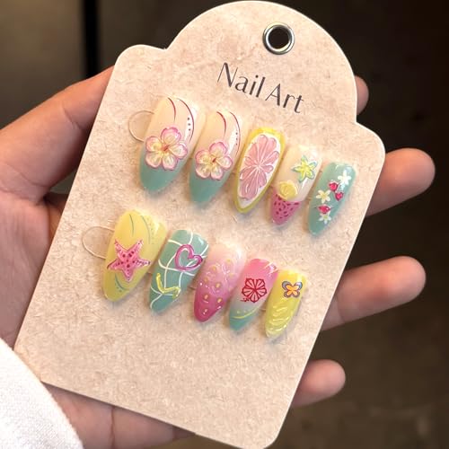 Medium Almond Press on Nails 3D Flower Fruit False Nails 24Pcs