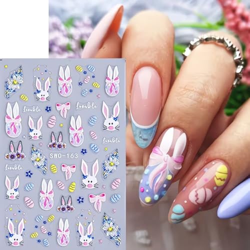 POWPOP 5D Embossed Easter Nail Art Stickers Bunny Flower Decals 4PCS