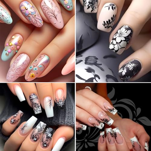 3D Embossed Floral Vine Nail Art Stickers - Retro Black White Pink Nail Decals
