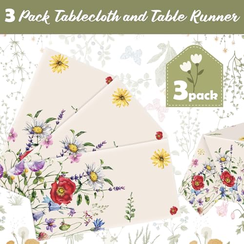 Ganeen 3 Pcs Spring Floral Disposable Plastic Tablecloth 54x108