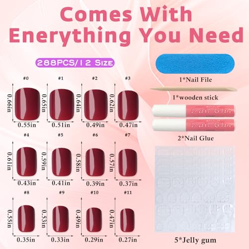 Bellelfin Short Square Press on Nails Kit - 288Pcs Glossy French Fake Nails