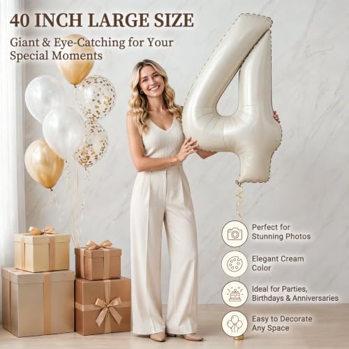 CARGEN 40-Inch Creamy White Number 4 Foil Balloon Boho Party Decor