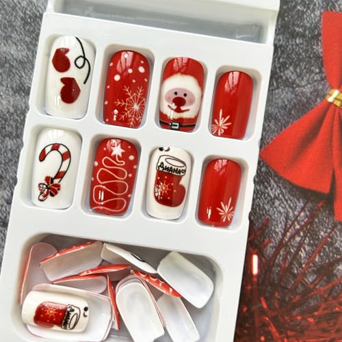 KKUUOO Christmas Press on Nails Square Glossy False Nails Santa Claus Design