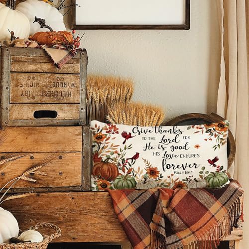 Fall Pumpkin Lumbar Pillow Cover 12x20" - Give Thanks to The Lord
