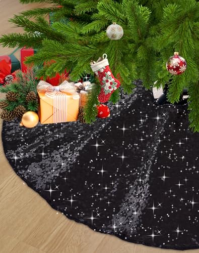 Black Sequin Christmas Tree Skirt 36 Inch Sparkle Glitter - SquarePie
