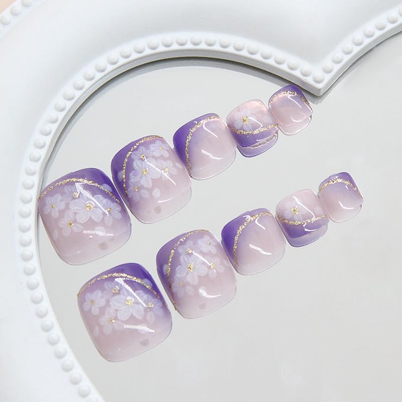 Purple French Square Press-on Toenails Glossy Acrylic False Nails 24 Pcs