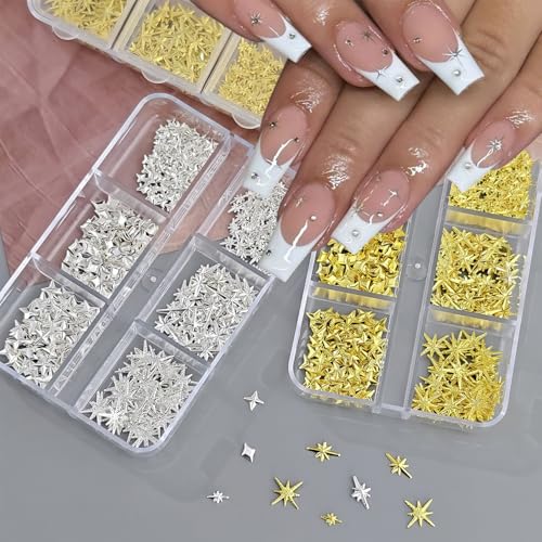 GUAACCB 3D Gold & Silver Star Nail Charms - 2 Box Celestial Metal Jewels