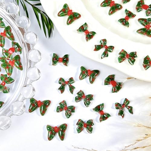 150Pcs Christmas Bow Nail Charms - 3D Resin Red and Green Lattice Bowknot Rhinestones for Winter Nail Art Designs