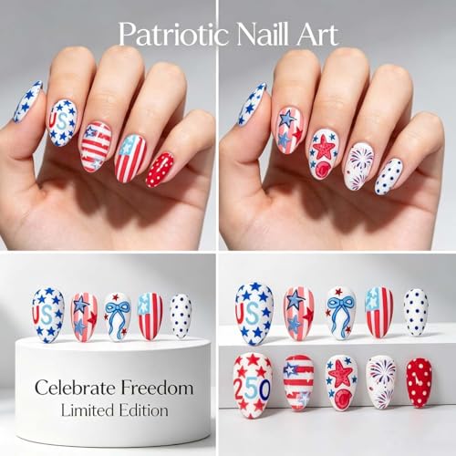 4th of July Press on Nails Medium Almond USA Flag Fake Nails