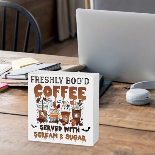 YINSSA Halloween Coffee Bar Sign Wooden Decor - Spooky Ghost & Fall Theme