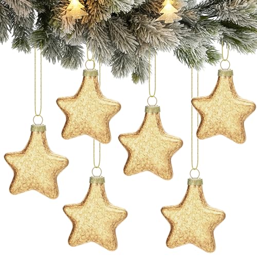 Gold Mercury Glass Christmas Star Ornaments Set - 3.15 Inch Holiday Decor