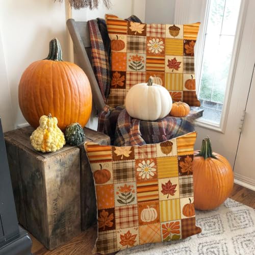 Fall Outdoor Pillow Cover 18x18, Waterproof Pumpkin Plaid Decor
