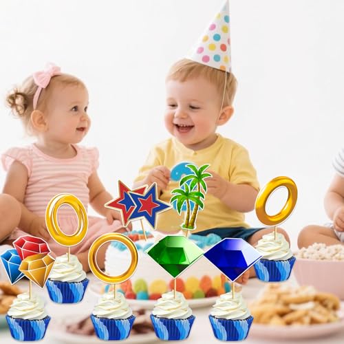 48pcs Blue Hedgehog Cupcake Toppers for Video Game Parties
