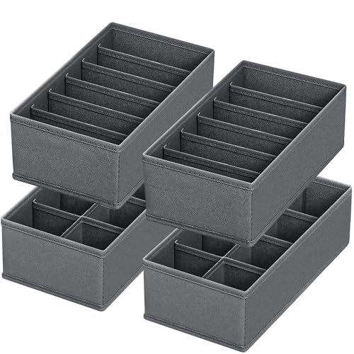 A-Grey 4 Pack Sock & Underwear Drawer Organizer Dividers - Collapsible Closet Storage