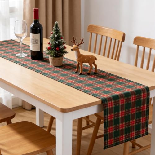 Christmas Plaid Table Runners Set - 72x13 Inch Scottish Tartan Holiday Decor - Green & Red