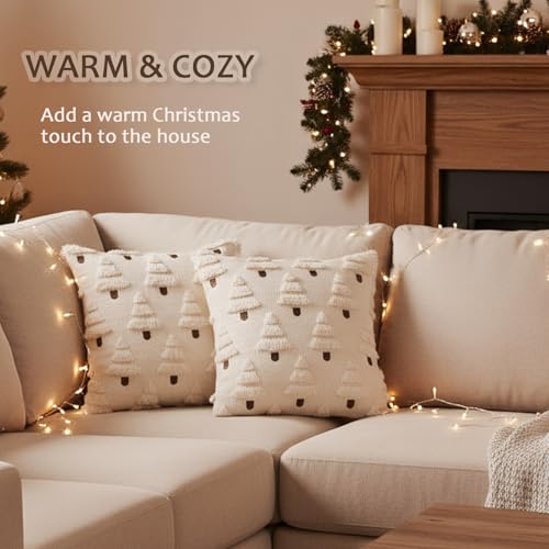 PARBEE Christmas Throw Pillow Covers 2-Pack, 18x18 Inch Fluffy Sherpa with Tree Embroidery