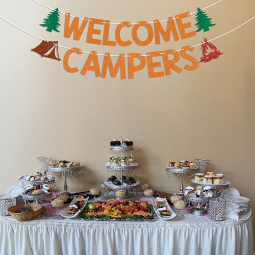 Welcome Campers Banner - Orange Glitter Camping Party Decor