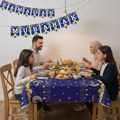 Ramadan Mubarak Decorations Set - Blue and Gold Banner, Garland & Tablecloth