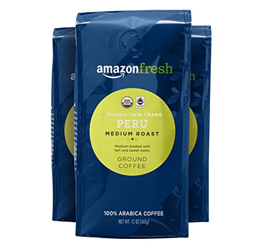 Amazon Fresh Organic Fair Trade Peru Ground Coffee, Medium Roast, 3-Pack
