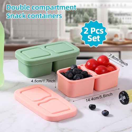 UCBAT 2 Pack Silicone Snack Containers with Lids - Pink & Green | Double Compartment Food Storage, Leakproof & Reusable