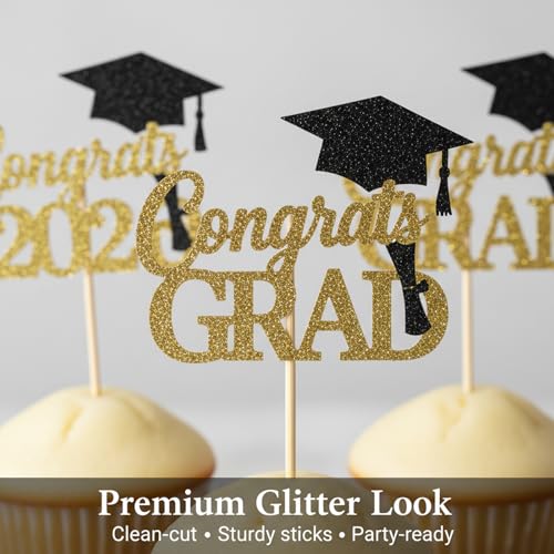 2026 Graduation Cupcake Toppers - Black & Gold Glitter Set of 24