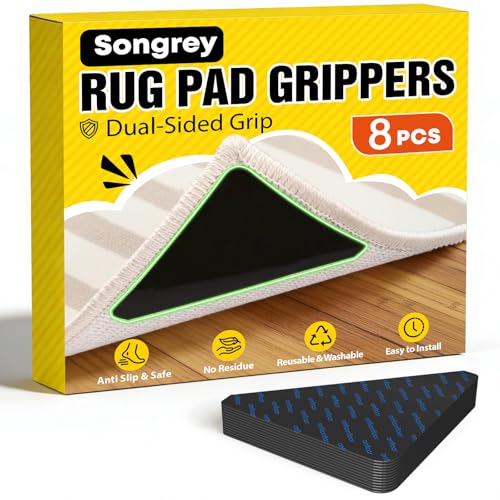 Songrey Non-Slip Rug Corner Grippers - 8PCS Black Anti-Curl Carpet Tape