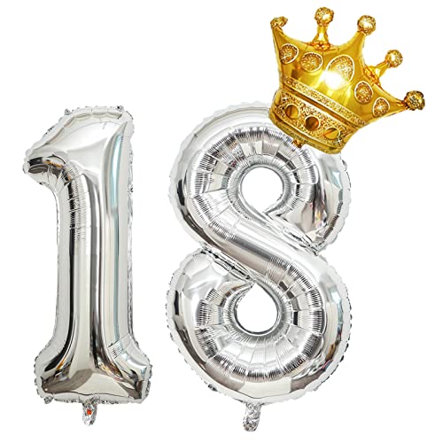 32 Inch Silver Number 18 Foil Balloon with Mini Crown for Birthday Party