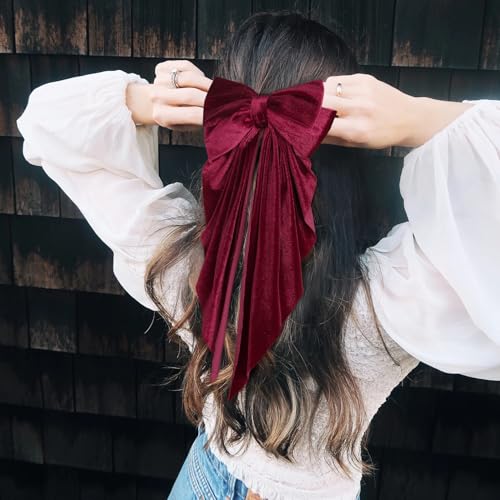 Aileam Velvet Hair Bows for Women and Girls, 2-Piece Oversized Hair Ribbon Clips with Long Tails, Green & Wine Red