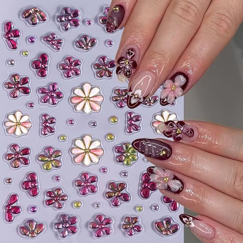5D Embossed Flower Nail Art Stickers - Jelly Floral Daisy Decals (3 Sheets)