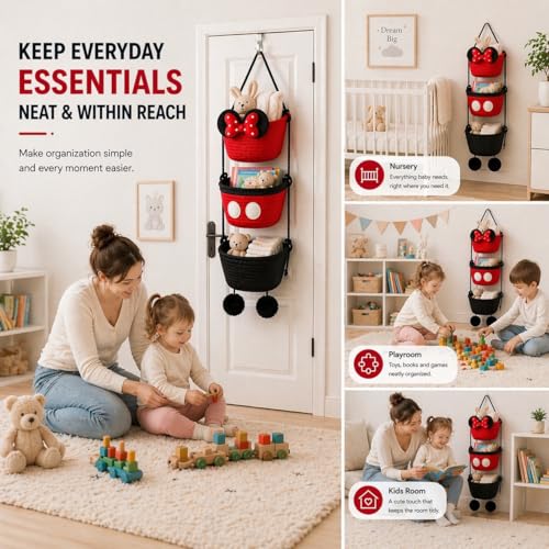 3-Tier Woven Cotton Hanging Basket Organizer with Bow for Nursery & Home