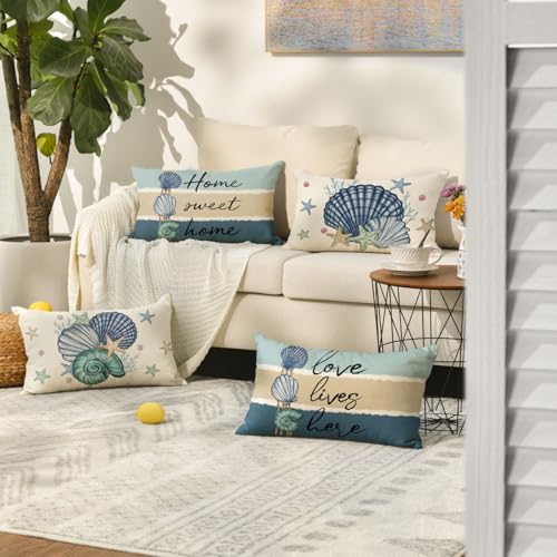 Summer Ocean Sea Shell Throw Pillow Covers Set of 4 - 12x20 Inches Home Decor